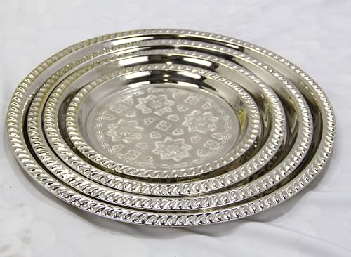 Moroccan Tea Tray Serving Cocktail Silver Handmade Fez Small Or Large Round (9/11/13/15 Inches) (9 Inches) - size: 9"