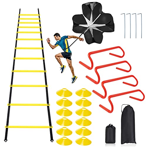 Speed & Agility Ladder Training Equipment Set, Includes 12 Rung 20ft Agility Ladder, 4 Agility Hurdles,12 Disc Cones, 1 Resistance Parachute for Training Football Soccer Basketball Athletes - color: yellow