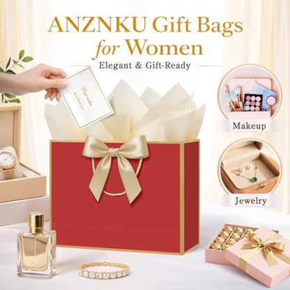 ANZNKU 2PCS Red Gift Bags for Women, Medium Gift Bags with Handles 4 Tissue Paper 2 Ribbons 2 Cards for Birthday Wedding Graduation Bridal & Baby Shower Engagement Presents Party Favors Wrapping - color: Crimson Red