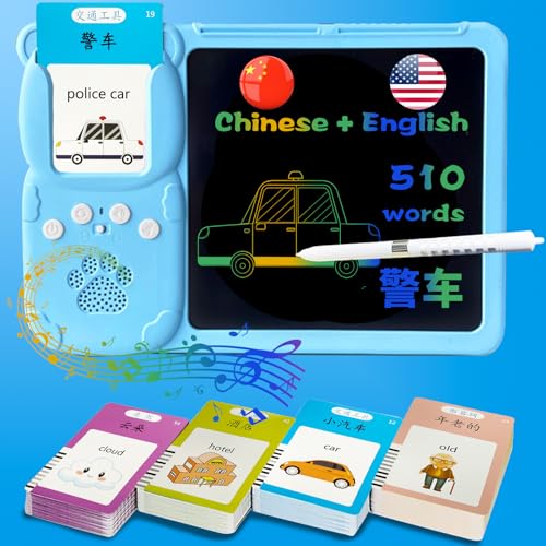 Drawing Writing Tablet for Toddlers - Bilingual Talking English Chinese Flash Cards for Kids 3-12, Sensory Toys for Autistic Children, 510 Sight Words, Travel Activity (Chinese, Blue) - color: Chinese, size: Blue