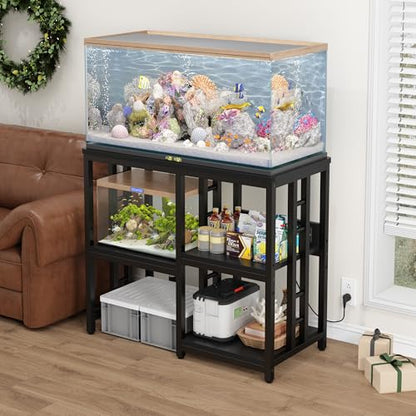 Heavy Duty 40-50 Gallon Aquarium Stand with Power Outlets, 3-Tier Adjustable Metal Fish Tank Stand with Storage Shelf for 5-10 Gallon Tanks, Reptile Terrariums & Supplies Organizer, 720LBS Capacity (Black + Black) - color: Black + Black
