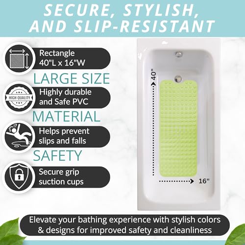 ENKOSI Non-Slip Bath & Shower Mat 40x16 Extra Long, Suction & Drain Holes | Green color; Durable PVC; 40x16 in, Green - color: Green