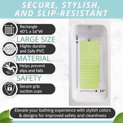 ENKOSI Non-Slip Bath & Shower Mat 40x16 Extra Long, Suction & Drain Holes | Green color; Durable PVC; 40x16 in, Green - color: Green