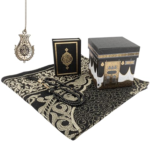 Modefa Prayer Mat Islamic Gifts for Women, Muslim Gifts for Men - Thin Chenille Praying Mat - Ramadan Gifts Muslim Prayer Rug with Quran, Tesbih Prayer Beads - Ottoman Box Set (Black) - color: Black