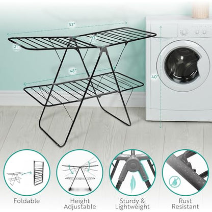 Brookstone 2 Tier Folding Rack - Indoor/Outdoor Collapsible Clothes Dryer Stand Laundry or Shoe Rack, Heavy Duty Freestanding Garment Hanger, Foldable, Clothing Drying Rack, Black - color: Black