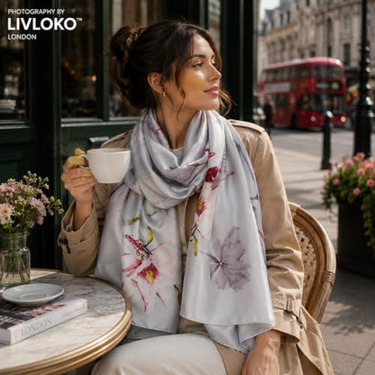 LONDON Women’s Satin Silky Scarf Gift Box Large Lightweight Silky Smooth Shawl Wrap for Hair, Head, Neck or Hijab - color: Silver Floral - Box