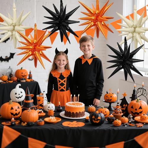 Black Orange Cream White Star Balloons, 6PCS 22 Inch Foil Explosion Balloon - color: Black Orange Cream