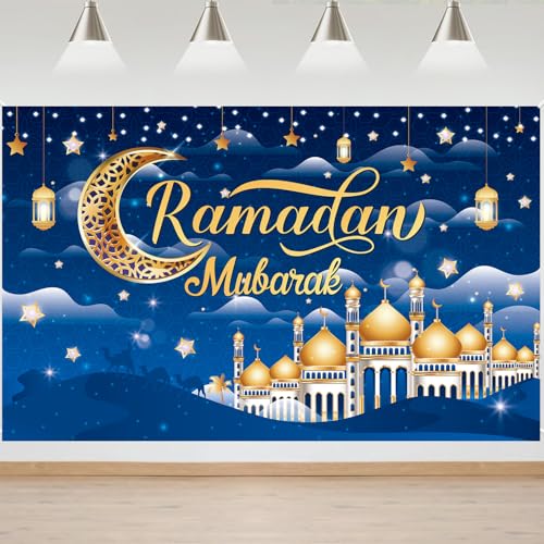 Ramadan Mubarak Decorations Large Size Ramadan Kareem Backdrop Banner Eid Mubarak Sign Backdrop Background for Muslim Party Supplies, 71 x 43Inch (Blue) - color: Blue