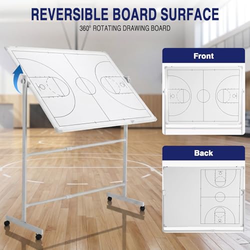 Double-Sided Soccer Coaching Board Height Adjustable Dry Erase Whiteboard with Wheels 360 Degree Reversible Soccer Tactics Board with Magnets Pen & Eraser for Teaching Training - color: Basketball