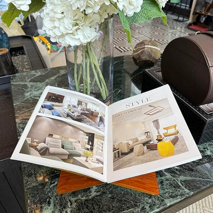 Wood Grain Acrylic Book Stand, X-Shaped Open Book Display Stand & Cookbook Holder for Kitchen Counter, Coffee Table, Bible, Quran, Magazines, Textbooks, Recipes