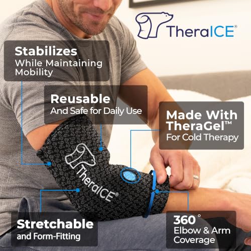 TheraICE Elbow Ice Pack Compression Sleeve for Injuries | Reusable Arm Gel Cold Pack Wrap | Tennis Elbow & Golfers | Calf Tendinitis Pain Relief | Shin Splints | FocusZone Extra Cooling | Women & Men - color: PRO Shadow Black, size: Large/X-Large