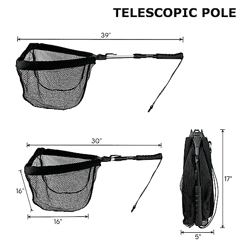 Black Paw Floating Fishing Net Foldable Telescopic Fish Landing Net with Built in Length Scale Rubber Coated for Kayak, Fly, Trout - color: C2:16" Hoop Size Black (Telescopic Pole)