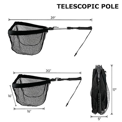 Black Paw Floating Fishing Net Foldable Telescopic Fish Landing Net with Built in Length Scale Rubber Coated for Kayak, Fly, Trout - color: C2:16" Hoop Size Black (Telescopic Pole)