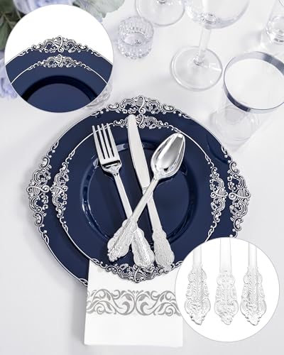 Hioasis 175pcs Blue and Silver Plastic Plates - Elegant Disposable Dinnerware Set Suitable for 25 Guests Include 10.25" Dinner & 7.5" Dessert Plates, Cutlery, Napkins, Cups for Party & Wedding - color: Blue and Silver