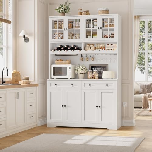 HOSTACK 75" Kitchen Pantry Storage Cabinet, Coffee Bar Hutch Cabinet, White | Tall Pantry Cabinet with Charging Station / Wide Countertop / Glass Doors / Wine Rack / Cup Holder / Drawers, Dining Room - color: White