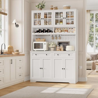 HOSTACK 75" Kitchen Pantry Storage Cabinet, Coffee Bar Hutch Cabinet, White | Tall Pantry Cabinet with Charging Station / Wide Countertop / Glass Doors / Wine Rack / Cup Holder / Drawers, Dining Room - color: White