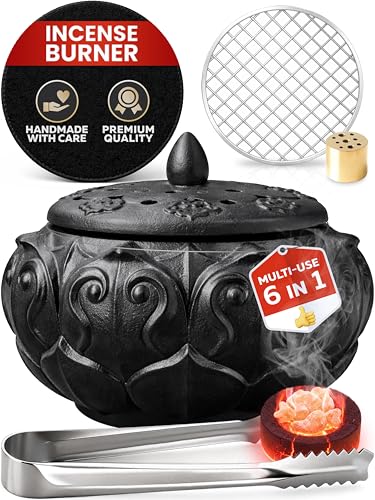 Charcoal Incense Burners for Resin, Frankincense & Bakhoor – Heat-Resistant Ceramic Incense Burner kit for Charcoal Disk, Sticks & Cones with Mess-Free Ash Catcher for Home Fragrance, Relaxation Use - color: Black