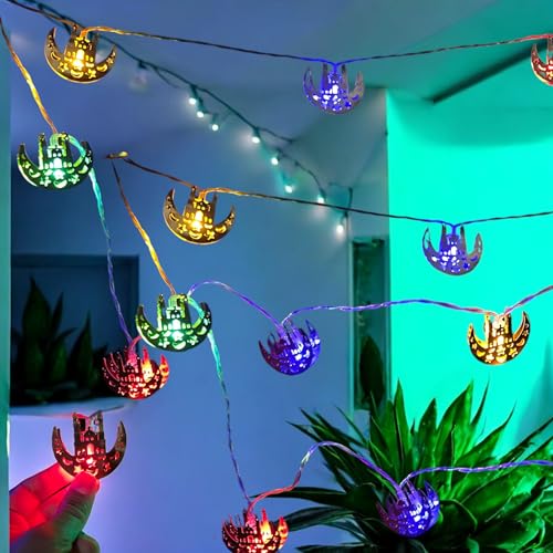 Housewarming Ramadan Decor Bundle - 2 Sets of 10pc Gold Crescent & Mosque Indoor Lights, Battery-Operated 5~6ft Long (20 Total) (2xMoon Msjd LED) - color: 2xMoon Msjd LED