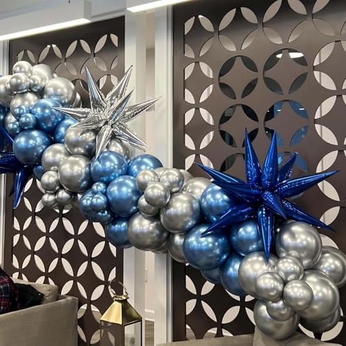 Blue Silver Star Balloons, 6PCS 22 Inch Foil Explosion Star Balloons - color: Blue Silver