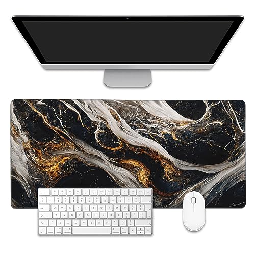 Golden Black Marble Large Gaming Mouse Pad,Waterproof Desk Mat for Desktop,Non-Slip Rubber Base Mousepad with Stitched Edges for Laptop Office and Home 35.4X15.7 Inch - color: Golden Black Marble