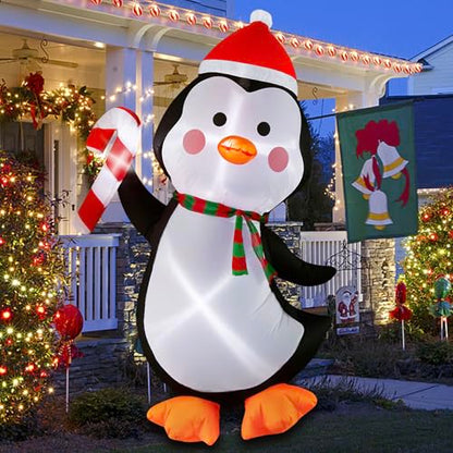 5FT Christmas Inflatables Outdoor Decorations Penguin Holding Candy Cane Blow Up Cute Christmas Decor Built-in LED Lights for Xmas Yard Outside Indoor Party Lawn Garden Porch Holiday - style: 5FT Penguin with Candy Cane