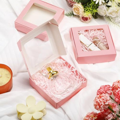 Zonon 30 Pcs Kraft Paper Boxes with Window 4.13 x 4.13 x 1.18 Inch Candy Packaging, Small Gift Boxes, Soap holder, Mini Treat Packaging for Bakery Chocolate Jewelry Display (Pink) - color: Pink