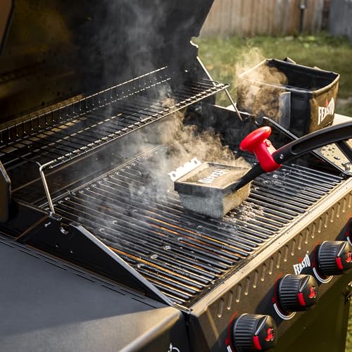Feasto 6-in-1 Bristle-Free BBQ Grill Brush for Grill & Griddles | Interwoven-Tech & Thermal-Sensitive Sponge, Stainless Steel Scraper, 360° Rotating Knob, Bottle Opener & Grates Hook - color: Black