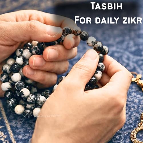 Amazing Gemstone Crystal Tasbeeh with Moon and Star Charm - Certified Crystal Muslim Prayer Beads Natural Gemstone Tasbih Gift for Ramadan Dhikr and Daily Namaz (G) - color: Black and White Jasper