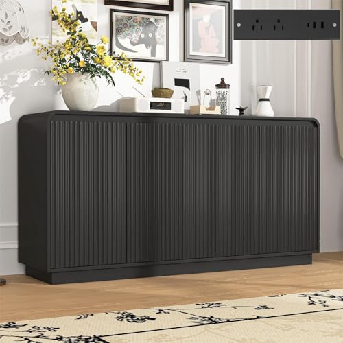 Fluted Sideboard Buffet Cabinet with Storage,Black Kitchen Sideboard with Doors and Charging Station, Accent Storage Credenza Cabinet,Coffee Bar Station for Dining Room,Entryway - color: Black-1