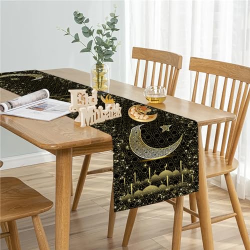 이드 무바라크 라마단 테이블 러너 33 x 182.9cm(13 x 72인치), 문 앤 스타 모스크 블랙 앤 골드 리넨 테이블 러너, 식탁, 옷장 및 홈 데코용 라마단 무바라크 테이블 러너 - color: 골드 블랙 이드 무바라크 라마단 테이블 러너