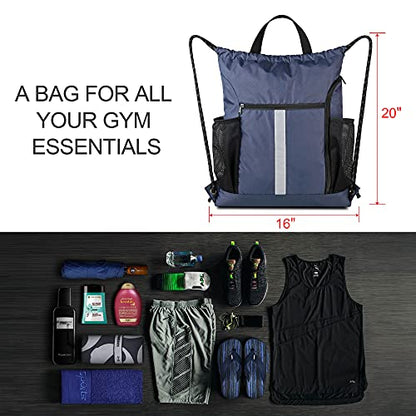 BeeGreen Gym-Drawstring-Backpack-Bag With Shoe Compartment and Two Water Bottle Holder Large String Backpack Sports Bag Athletic Sackpack For Men Women - color: Navy, style: Drawstring With Shoe Compartment