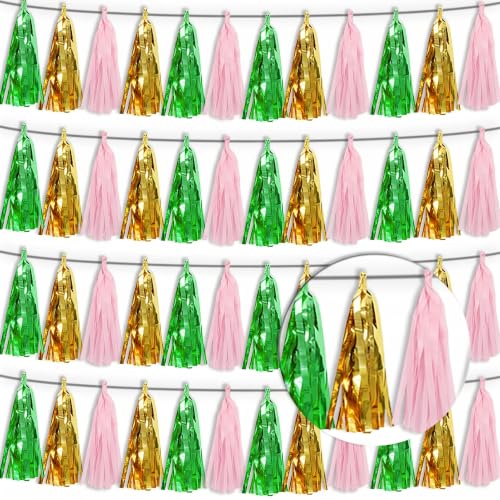 4P Sage-Green Gold Pink Tassel Banner Garland Metallic Foil Fringe Banner Tinsel Tassels Streamer Banner Backdrop for Parade Floats, 2025 Graduation Decorations, Woodland Party Decoration - color: Sage-Green Gold Pink