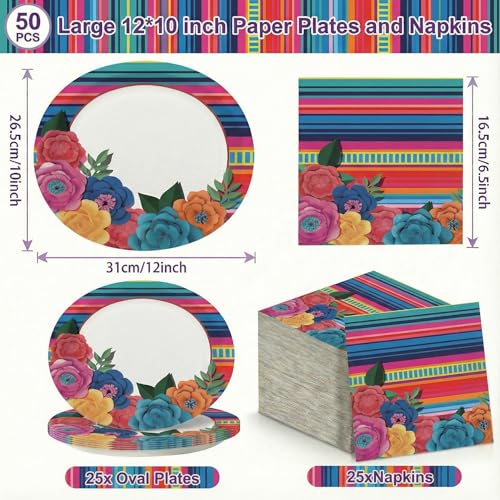 Dereinwo 50 Pcs Fiesta Large 12" x 10" Oval Paper Plates and Napkins Disposable Heavy Duty Paper Plates and Napkins for Cinco De Mayo Party Supplies - style: Cinco De Mayo