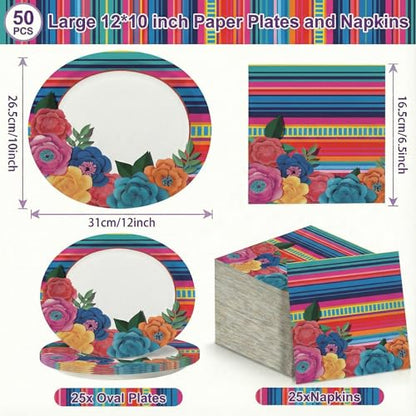 Dereinwo 50 Pcs Fiesta Large 12" x 10" Oval Paper Plates and Napkins Disposable Heavy Duty Paper Plates and Napkins for Cinco De Mayo Party Supplies - style: Cinco De Mayo