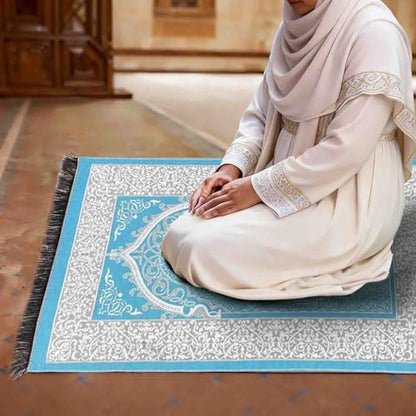 Portable Muslim Prayer Rug and Beads with Gift Box, Soft Islamic Prayer Mat,Travel Praying Mat for Men and Women, Prayer matt Islam Gifts Set, Sajadah/Janamaz/Seccade/سجادة صلاة (Aqua Blue) - color: Aqua Blue