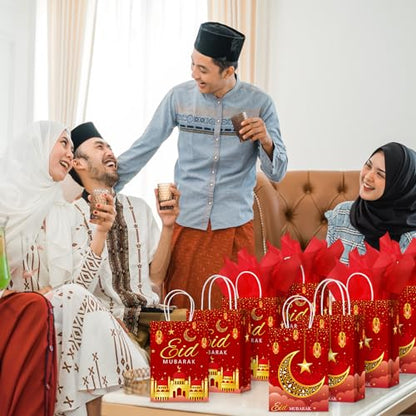 16 Sets Eid Mubarak Gift Bags with Tissue Paper, Ramadan Goodies Bags for Ramadan Party Supplies Favor (Red) - color: Red