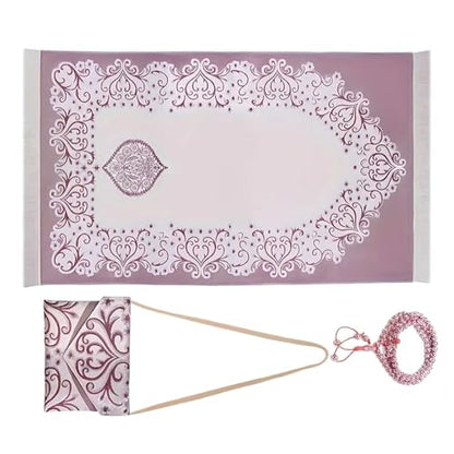 Islamic Prayer Mat with Beads and Compact Bag, Portable Travel Mat for Eid Ramadan Gifts for Women Men