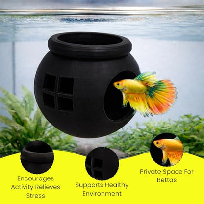Floating Cozy Betta House, Natural Floating Betta Hide Out, Aquarium Fish Hammock, Relaxing & Stress Relief, Suction Cup Included, 2.9" W x 2.6" H (Black) - color: Black
