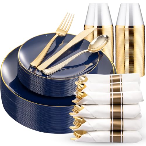 KIRE 175Pcs Blue Plastic Plates - Navy Blue Plates Disposable - 25 for Dinner 25 for Dessert 25 Pre Rolled Napkins with Gold Plastic Silverware and 25 Cups for 4th of July/Wedding/Party - color: Navy