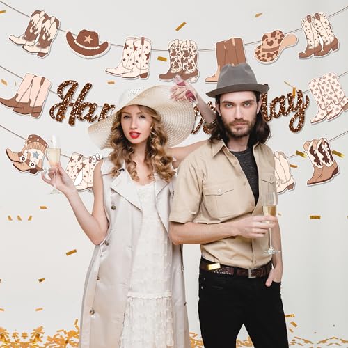 3Pcs Brown Western Cowboy Happy Birthday Banner Cherry Bow Boots Party Hanging Banner Cowboy Theme Birthday Bridal Wedding Baby Shower Boys Girls Kids Home Classroom Party Supplies Decoration - color: Brown