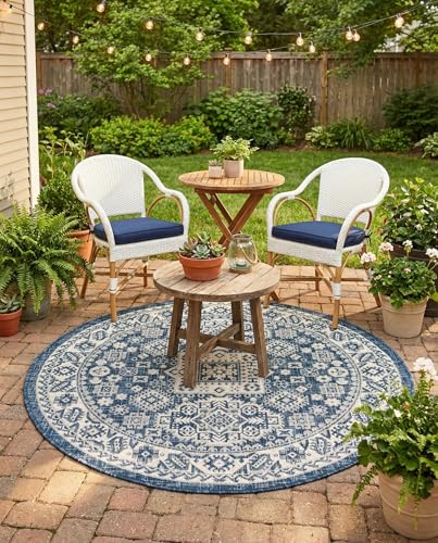 Rugs.com - Outdoor Aztec Rug – 4 Ft Round Blue Indoor/Outdoor Rug – Washable Flatweave for Patio, Deck, and Porch - color: Blue, size: 4' (Round)