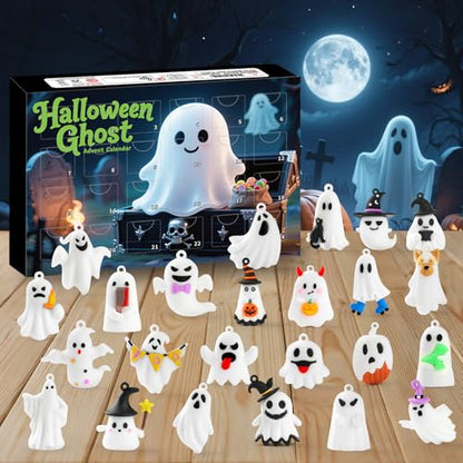 Halloween Advent Calendar 2026,24 Day Halloween Ghost Countdown Calendar with 24 Collectible Gifts for Kids Boys Girls Toddlers Boo Basket Stuffers Party Favors - color: White Ghost