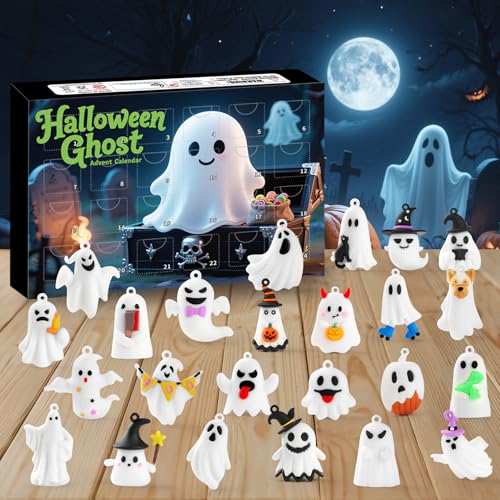 Halloween Advent Calendar 2026,24 Day Halloween Ghost Countdown Calendar with 24 Collectible Gifts for Kids Boys Girls Toddlers Boo Basket Stuffers Party Favors - color: White Ghost