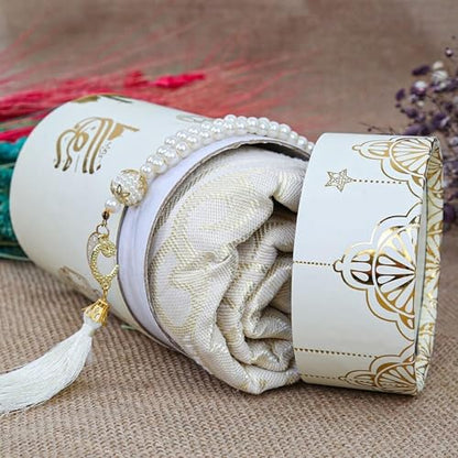 VHD Muslim Prayer Rug Set, Janamaz Salah Set, Islamic Tasbih Mat Set (White) - color: White