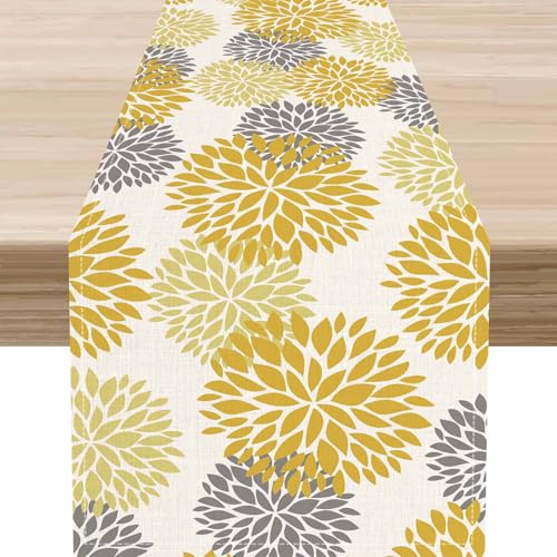 Yellow Blue Dahlia Floral Table Runner, Spring Seasonal Boho Dahlia Pinnata Flower Modern Elegant Coffee Table Center Decor for Home Kitchen Dining Patio Holiday Party Table Decorations, 13"x36" Inch - color: Floral-4, size: 13x36" Table Runner