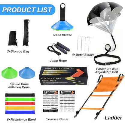 Speed Agility Training Equipment Set, Agility Ladder 20ft, 12 Football Cones, Resistance Parachute/Soccer Kick Trainer, Jump Rope, 5 Resistance Bands, Football Practice Equipment for Kids Adults - color: Orange Ladder Set