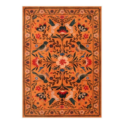 Moynesa Bedroom Rug 5x7, Washable Bohemian Scandinavian Orange Area Rugs for Living Room Dining Room Reading Coner, Modern Country Floral Bird Carpet, Fall Home Decor Non-Slip Protection - color: Orange, size: 5' x 7' (Rectangular)