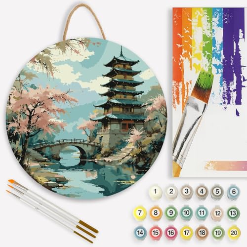Cherry Blossom Pagoda Paint by Numbers Kit for Adults on Wood Board – DIY Chinese Garden and Bridge Wood Craft Painting Kit, 12 in Round, Acrylic Paint Set, Beginner-Friendly,Relaxing Home Decor Gift - color: FM04199