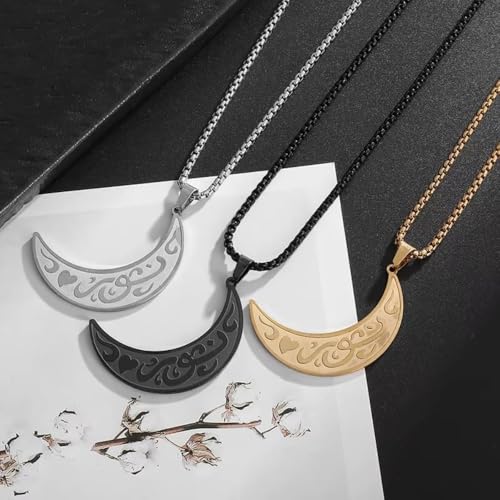 Beautiful Stainless Steel Ayatul Kursi Moon Pendant Islamic Muslim Necklace Arabic Religious Allah Quran Ramadhan Jewelry Gift (golden)