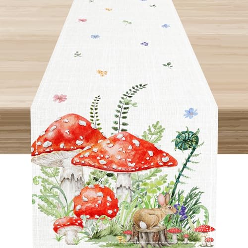 Mushroom Table Runner, Spring Summer Watercolor Rustic Floral Colorful Wooden Bunny Forest Plants Seasonal Botanical Leaf Farmhouse Wildflowers Home Kitchen Dining Table Decoration 13"x36" - color: Tr-mushroom09, size: 13x36" Table Runner